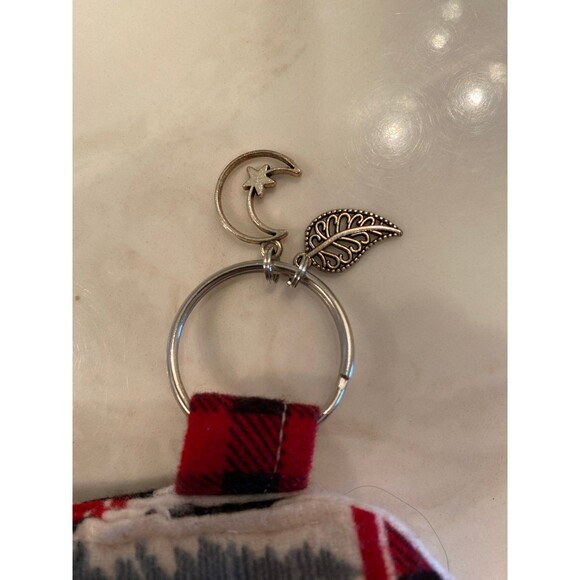 Eyeglass Case Distressed Flannel Look w/  Leaf & Moon Charms on Keyring Plaid - Picture 4 of 8